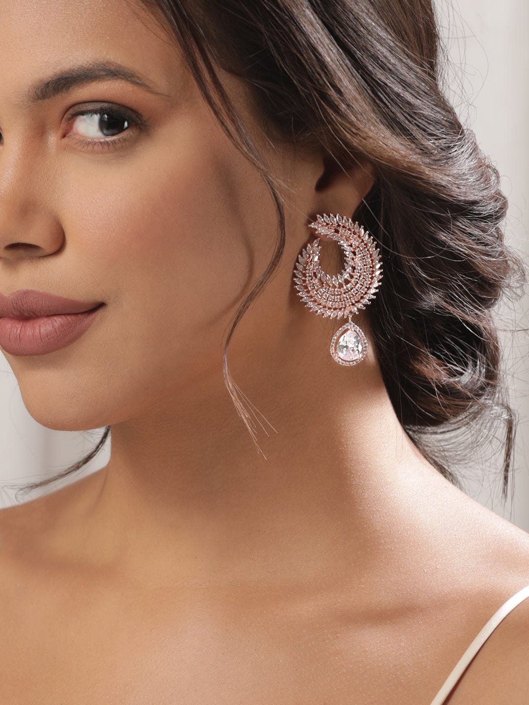 18K Rose Gold Plated Zirconia Studded Drop Earrings Earrings