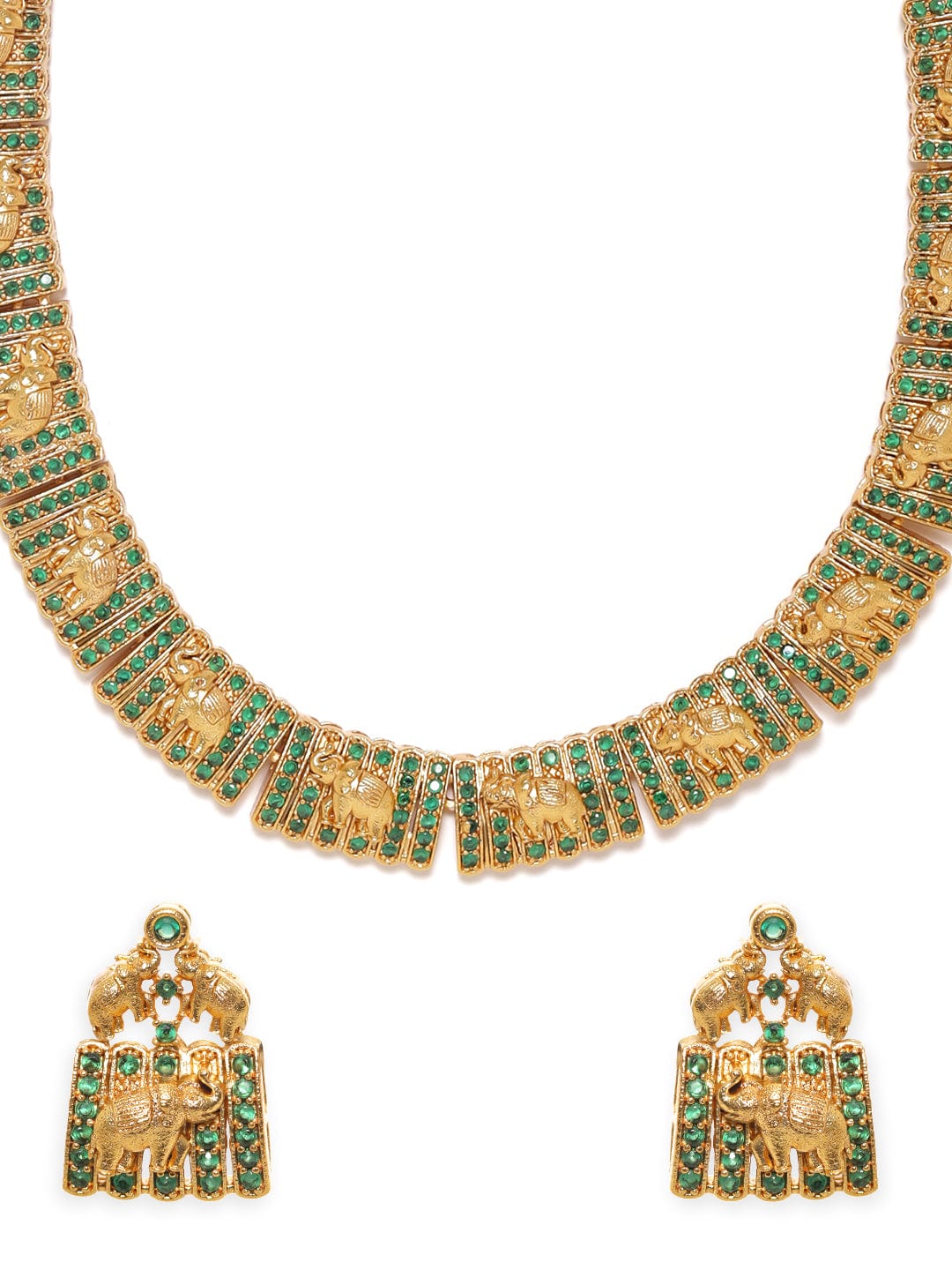 22K Gold plated Emerald Zirconia Handcrafted elephant motif temple Luxury Necklace set Jewellery Sets