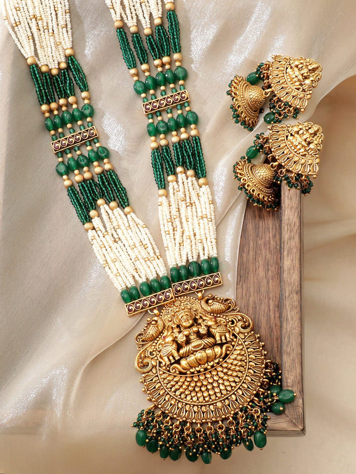 22k Gold plated Green & Pearl beaded handcrafted temple long necklace set Jewellery Sets