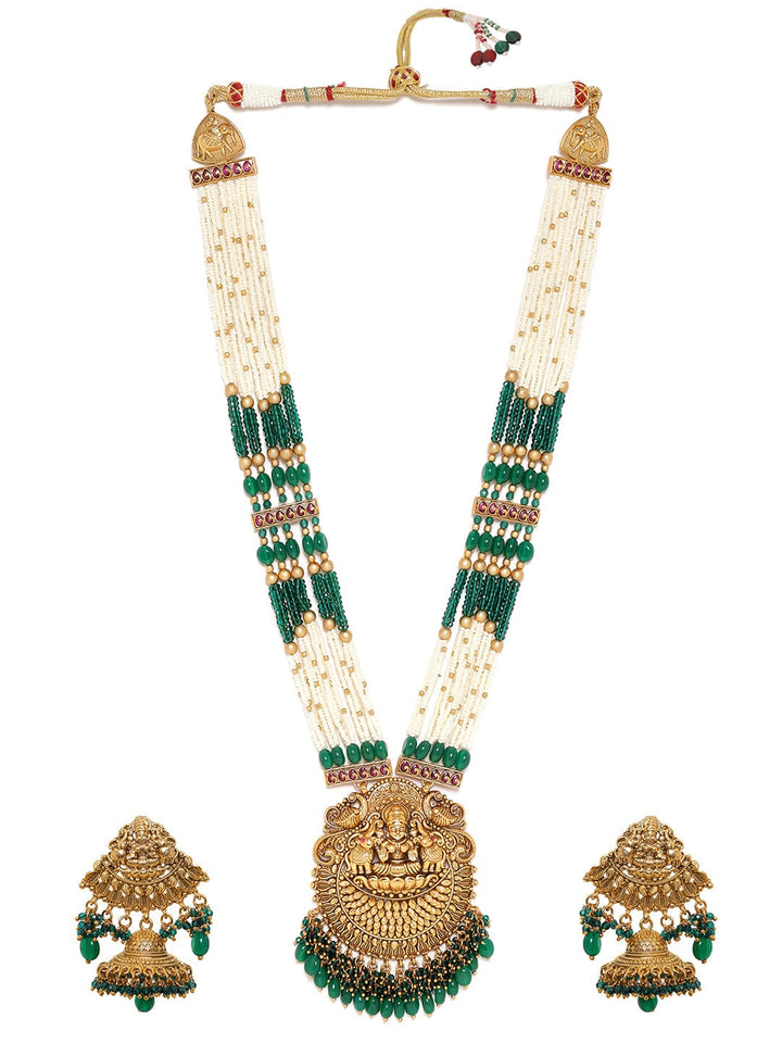 22k Gold plated Green & Pearl beaded handcrafted temple long necklace set Jewellery Sets