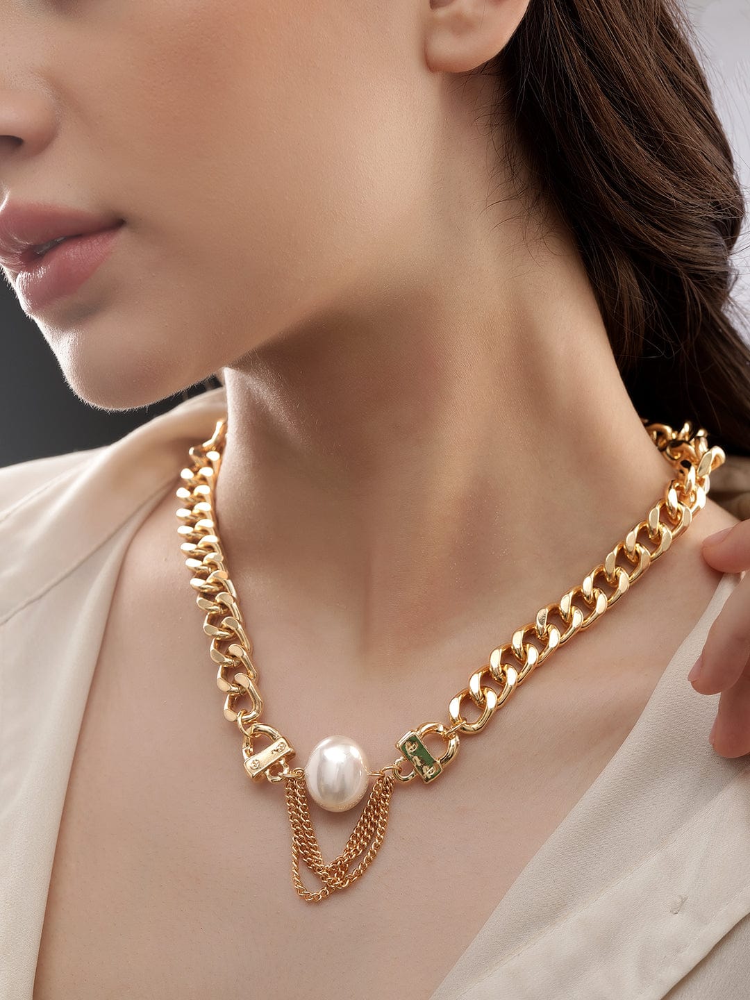 22K Gold Plated Link Chain Pearl Charm Statement Copper Necklace Necklaces