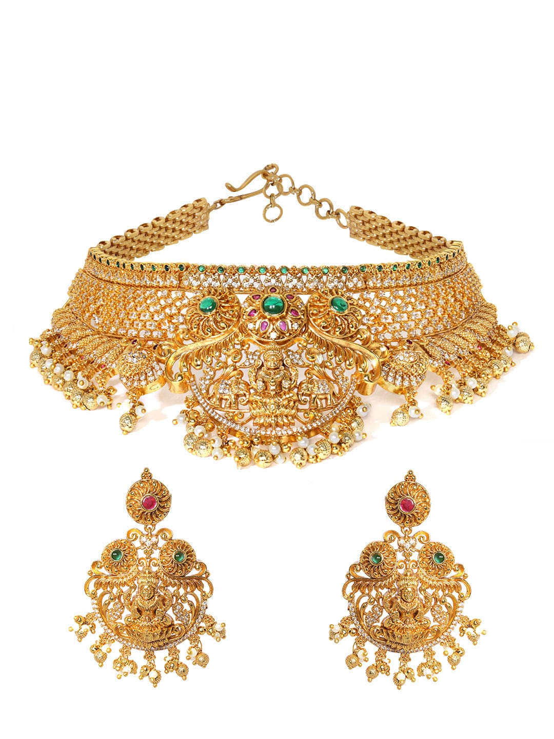 22K Gold plated Red &amp; Green zirconia goddess motif Luxury Statement Temple Choker Set Jewellery Sets