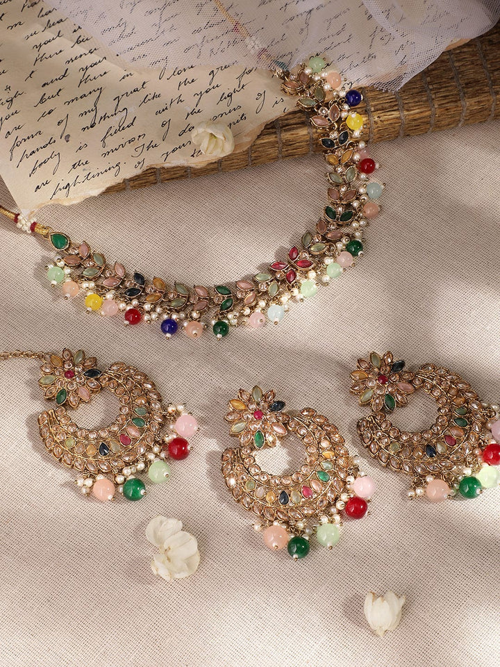 22K Gold plated reverse AD with multicoloured crystal studded pearl beaded Necklace Set Jewellery Sets