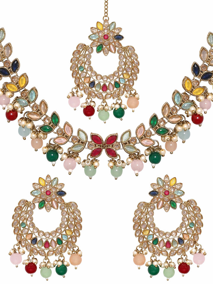 22K Gold plated reverse AD with multicoloured crystal studded pearl beaded Necklace Set Jewellery Sets