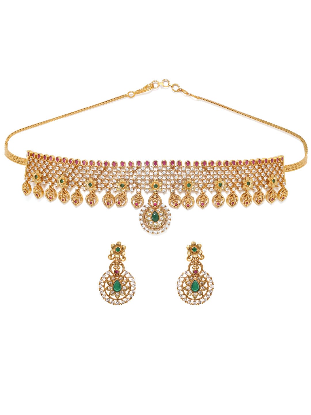 22K Gold plated Rubi &amp; emerald Zirconia studded delicate dangle Luxury Temple Choker necklace set Jewellery Sets