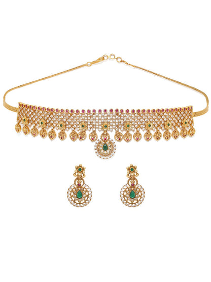 22K Gold plated Rubi &amp; emerald Zirconia studded delicate dangle Luxury Temple Choker necklace set Jewellery Sets