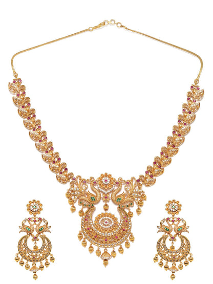 22K Gold plated Ruby &amp; Emerald peacock motif Temple Handcrafted necklace set.  Jewellery Sets