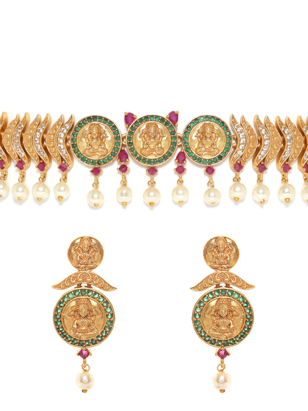 22K Gold plated Ruby &amp; emerald Zirconia studded pearl dangle Luxury Temple Short Ncklace set Jewellery Sets