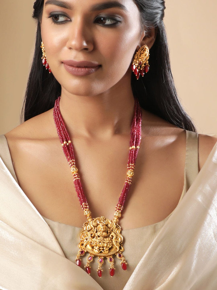 22K Gold plated Striking Ruby Red Beaded handcrafted Temple Necklace Set Jewellery Sets