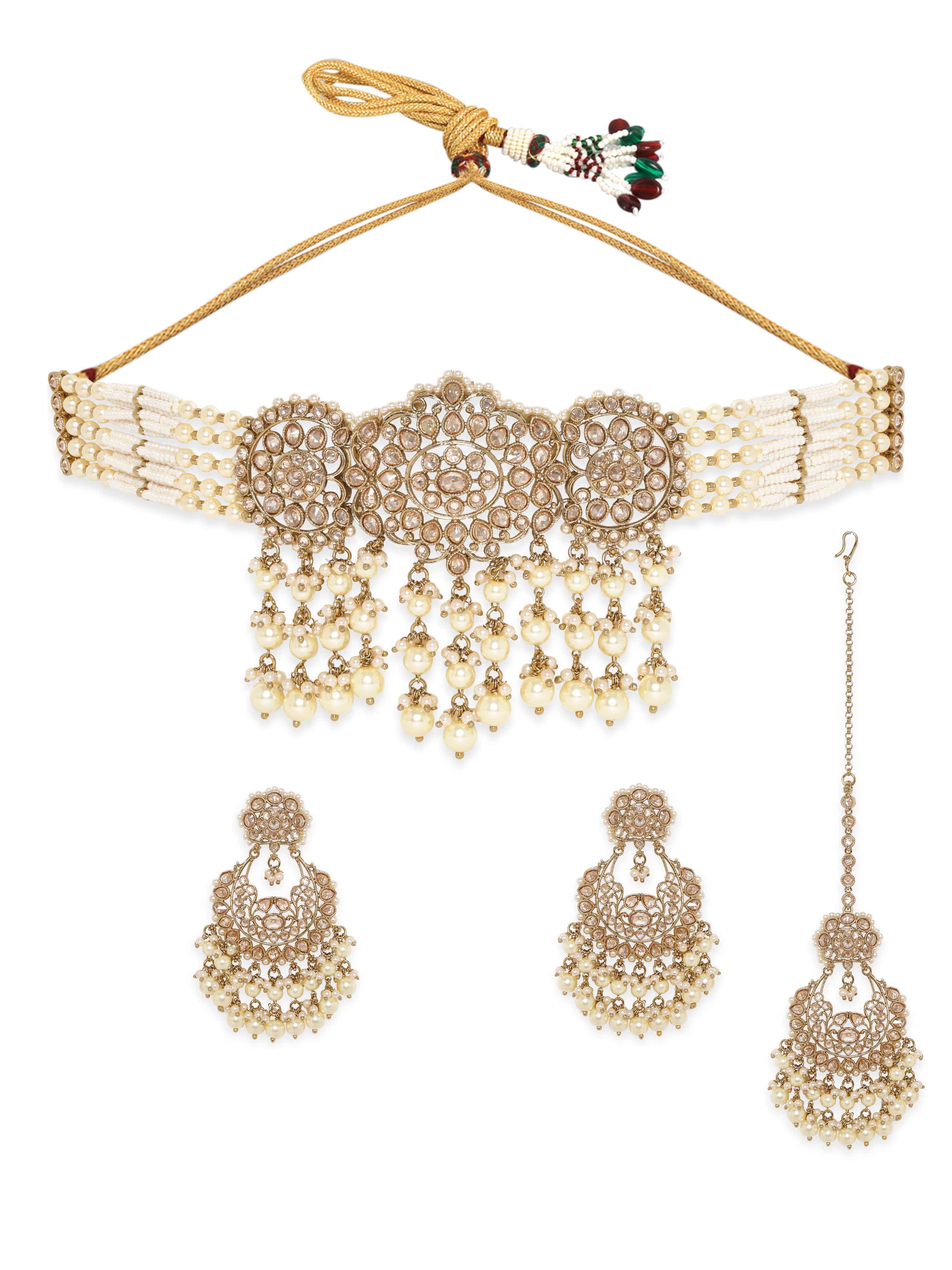 22K Mehndi Gold plated Captivating Reverse AD Choker Necklace Jewellery Sets