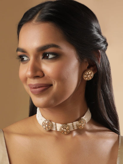 22k Mehndi Gold Plated Dazzling Reverse AD Cream Pearl Beaded Choker necklace set Jewellery Sets