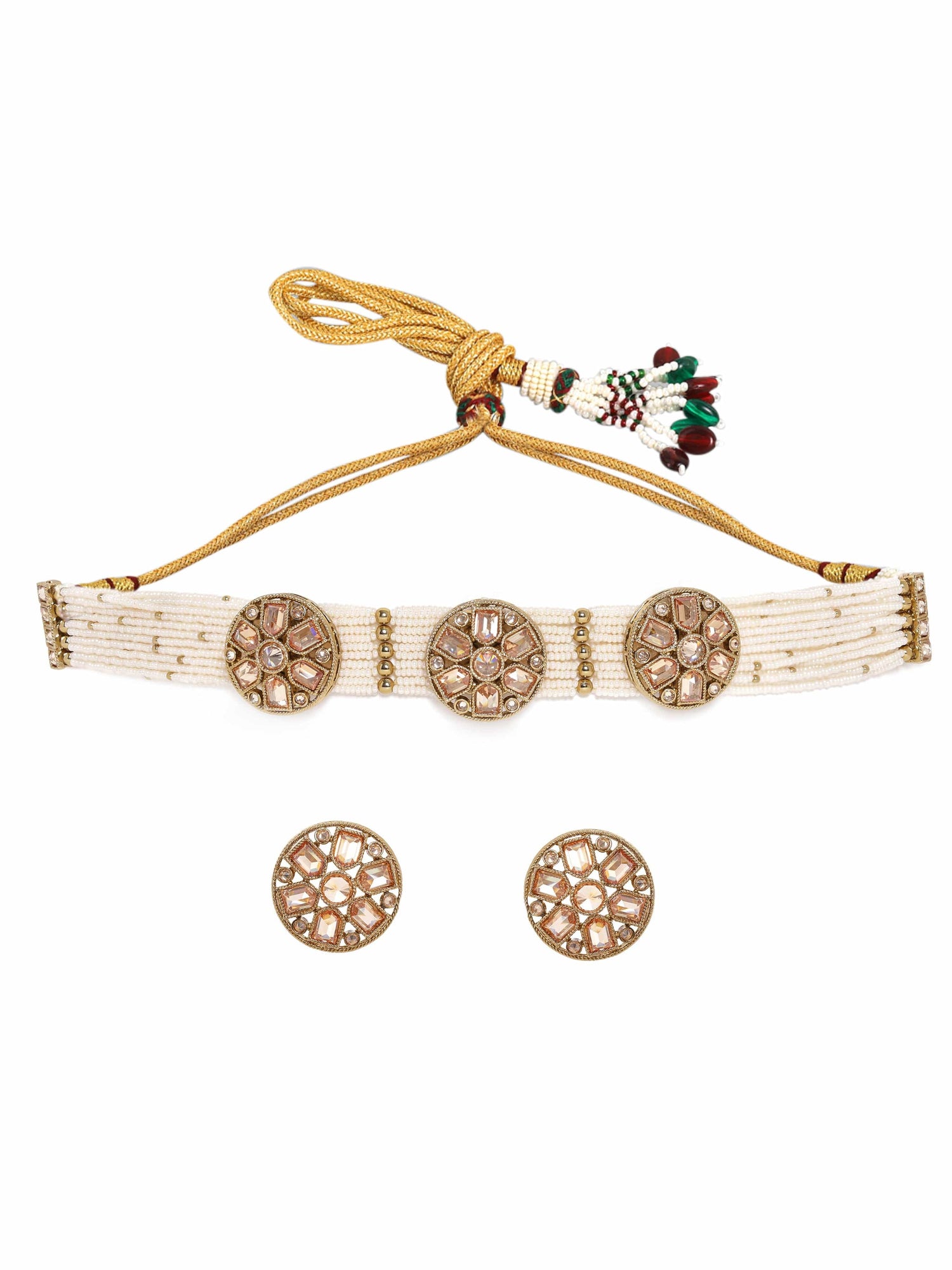 22k Mehndi Gold Plated Dazzling Reverse AD Cream Pearl Beaded Choker necklace set Jewellery Sets