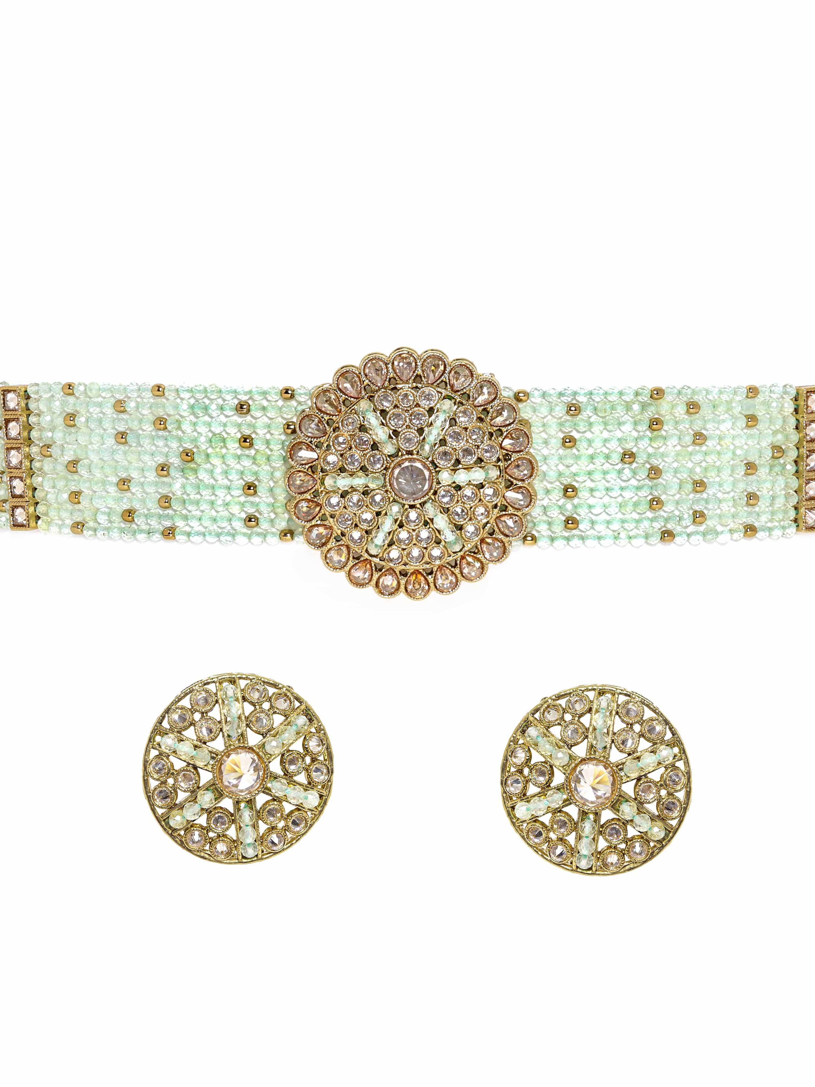 22k mehndi Gold plated Dazzling Reverse AD Mint blue beaded Choker Set Jewellery Sets