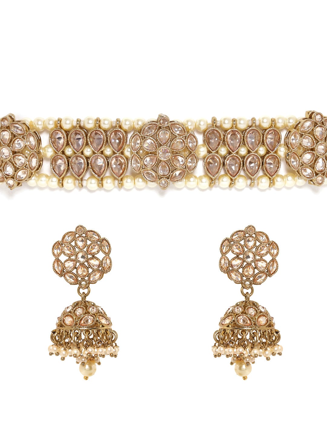 22k mehndi Gold plated Dazzling Reverse AD Pearl beaded Choker Set Jewellery Sets