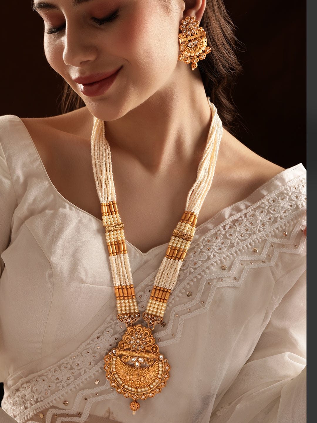 22K Rajwadi Gold plated Pearl beaded kundan studded necklace set Jewellery Sets