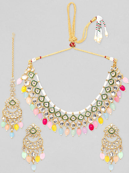 24K Gold Plated Polki Studded Multicolour Beaded Jewellery Set Necklace &amp; Earring Set