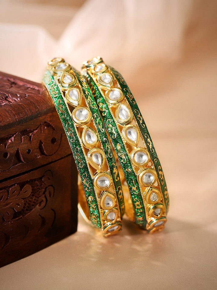 As Seen On Adah Sharma - Rubans 24K Gold Plated Kundan Studded Green Enamel Bangles Bangles & Bracelets