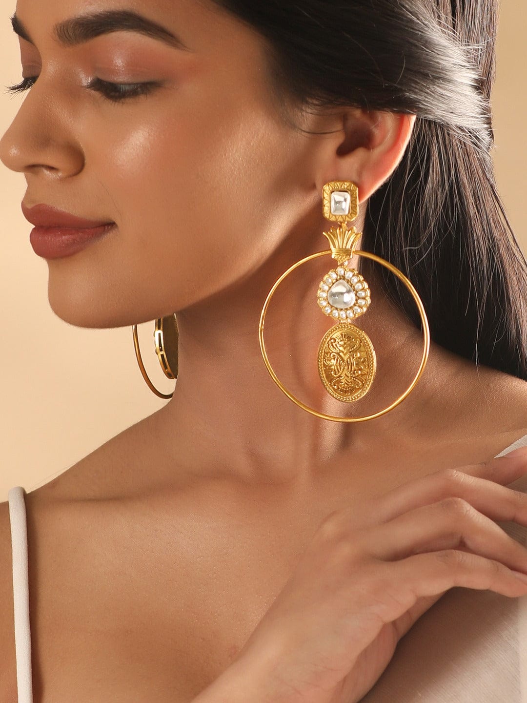 As Seen On Esha Deol Rubans 22K Gold plated Polki Zirconia Statement Dangle Earrings Earrings