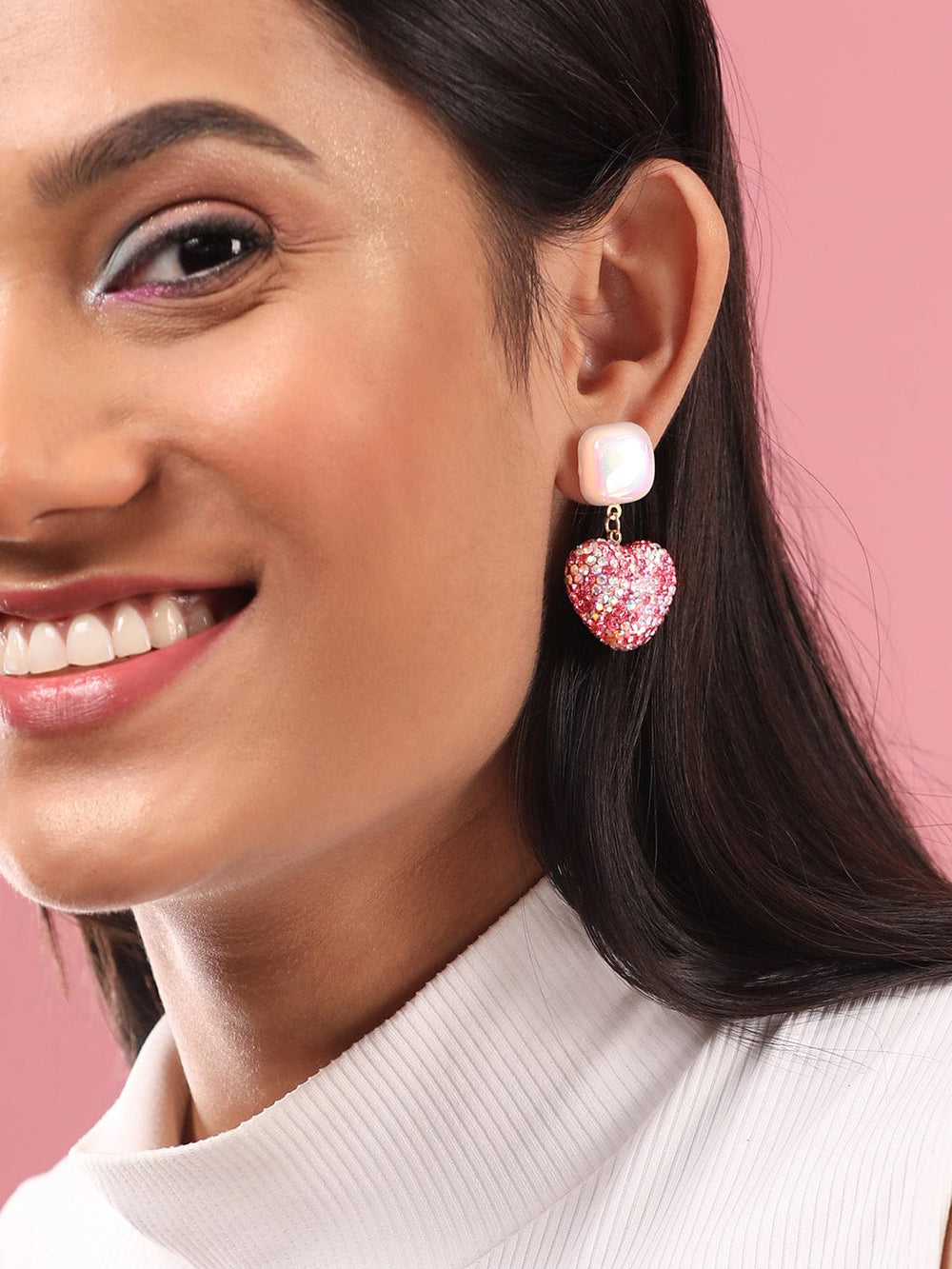 As Seen On Mansi Ugale - Rubans Voguish Pearl & Pink Crystal Pave Studded Heart Motif Dangle Earring Earrings