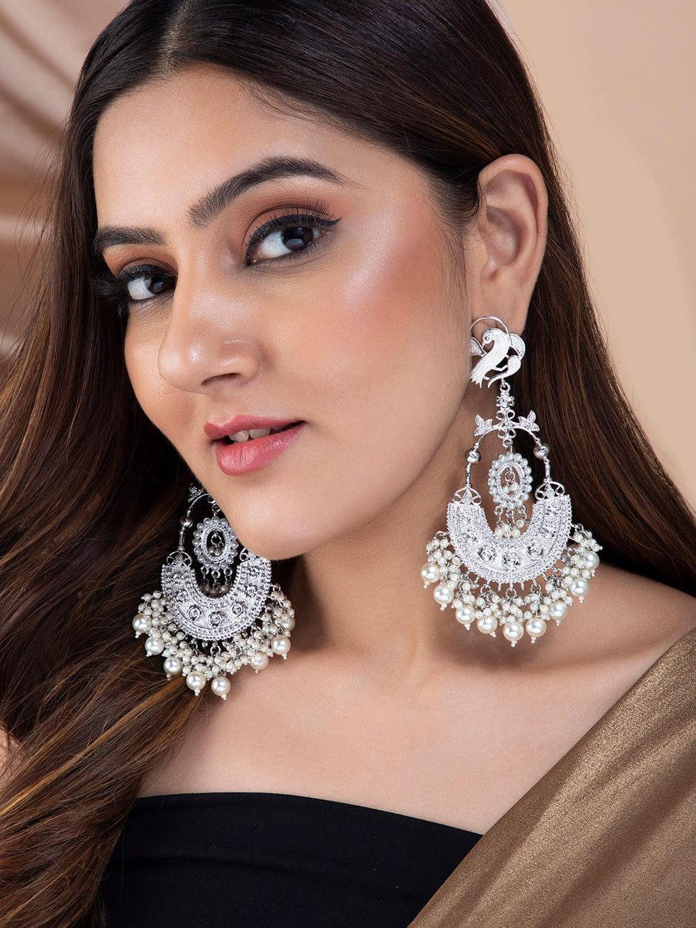 As Seen on Mrunal Thakur -  Rubans Silver-Plated Pearls Chandbali Earring Earrings