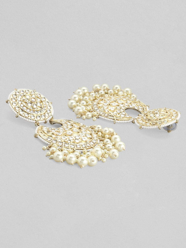 As Seen on - Rubans Gold Plated Handcrafted Kundan Studded White Beaded Chandbali Earrings Earrings