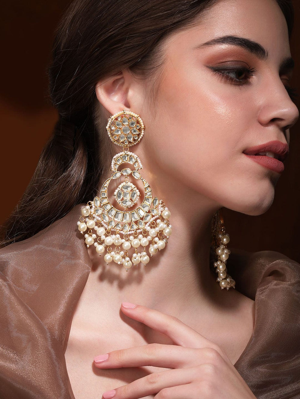 As Seen on Surbhi Jyoti Rubans 24K Gold toned pearl beaded Kundan studded Chandbali earrings Earrings