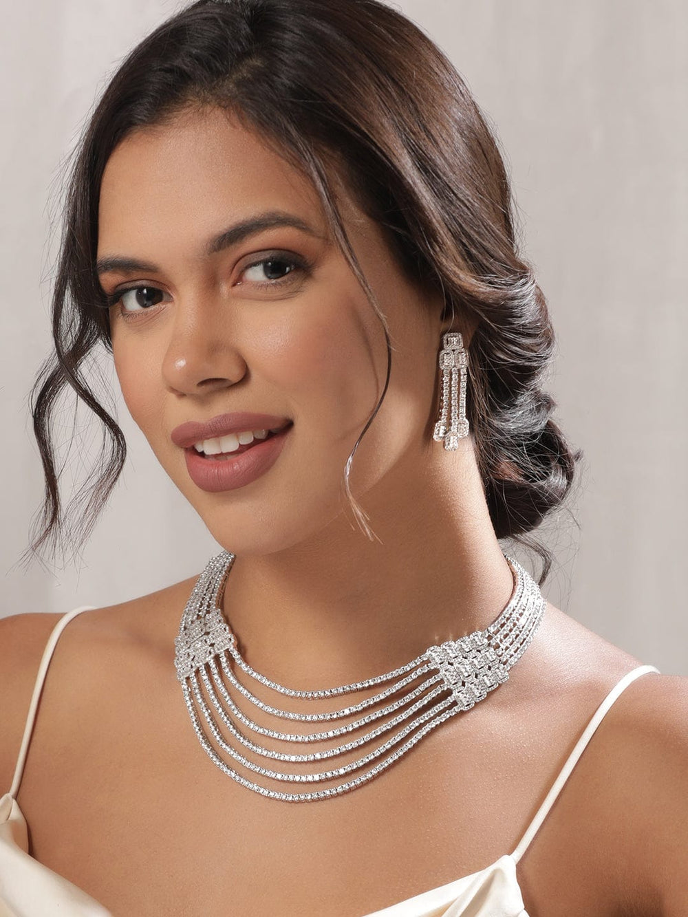 As Seen On Tahlia Rowena Coutinho - Rubans Rhodium Plated Brilliant Cut Crystal Zirconia Triple Layer Necklace Jewellery Set Necklaces, Necklace Sets, Chains & Mangalsutra
