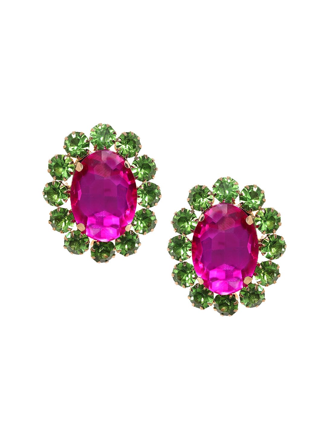 Enchanting Blossoms: Pink and Green AD Stud Earrings Earrings
