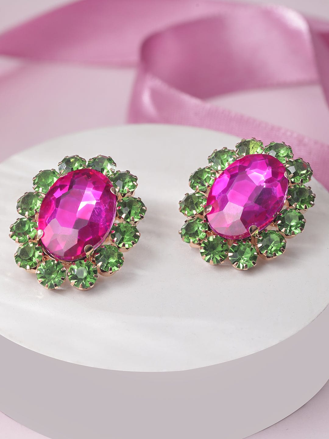 Enchanting Blossoms: Pink and Green AD Stud Earrings Earrings