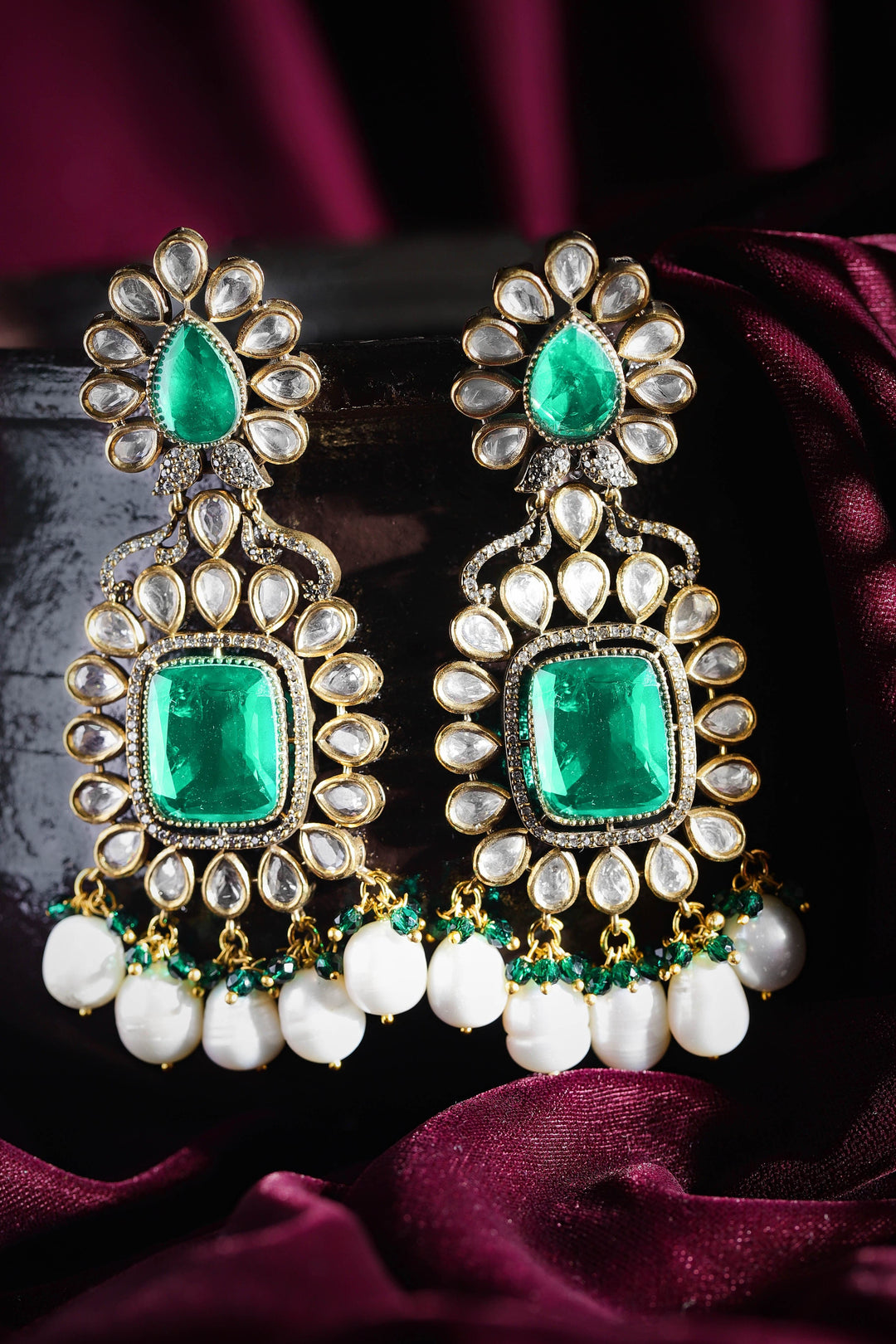 Exquisite Gold-Plated Kundan and Emerald Dangle Earrings Earrings