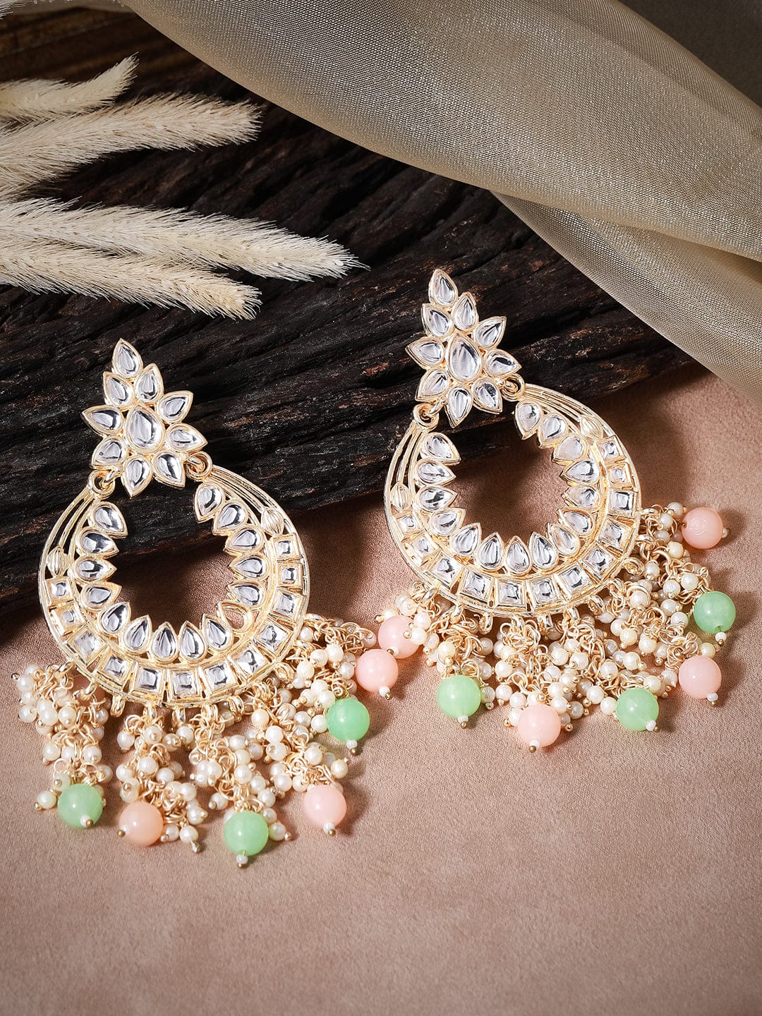 Gold Plated Festive Kundan Colorful Bead Earrings Earrings
