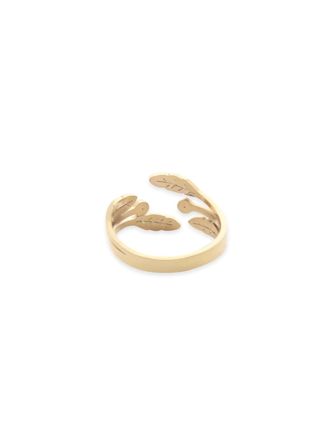 Gold Plated Stainless Steel Leaf Pattern Zirconia Studded Adjustable Ring Rings