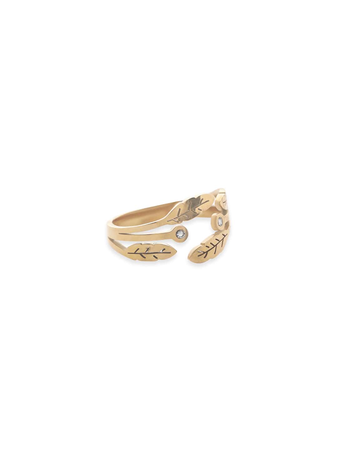 Gold Plated Stainless Steel Leaf Pattern Zirconia Studded Adjustable Ring Rings
