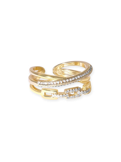 Gold Plated Stainless Steel Waterproof Tarnesh Free Triple Layer Zirconia Studded Adjustable Ring Rings