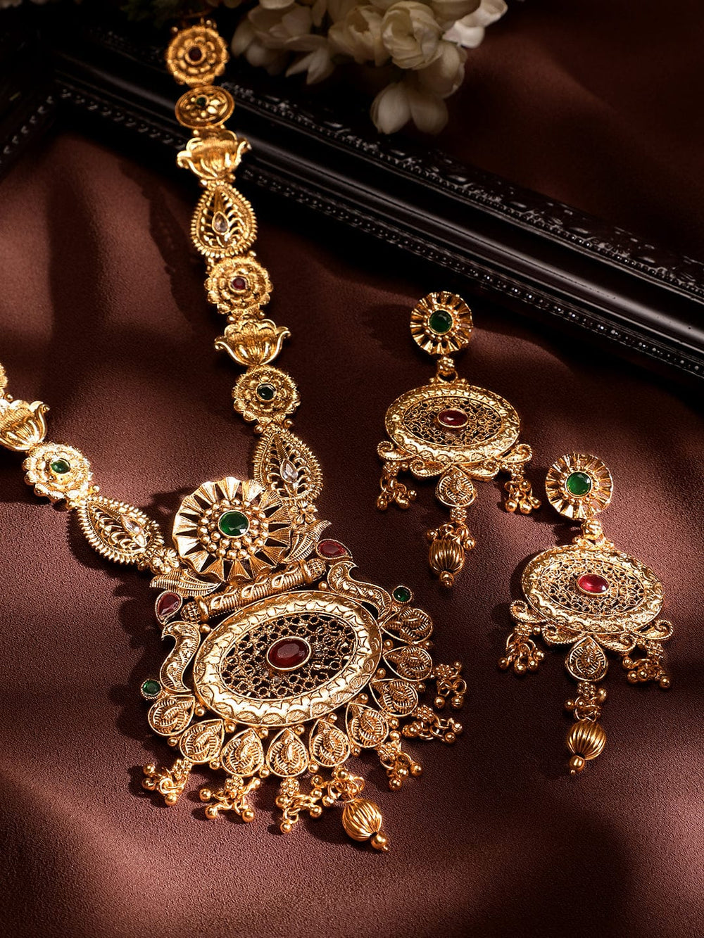 Gold Toned Floral Elegant Temple Necklace Set Jewellery Sets