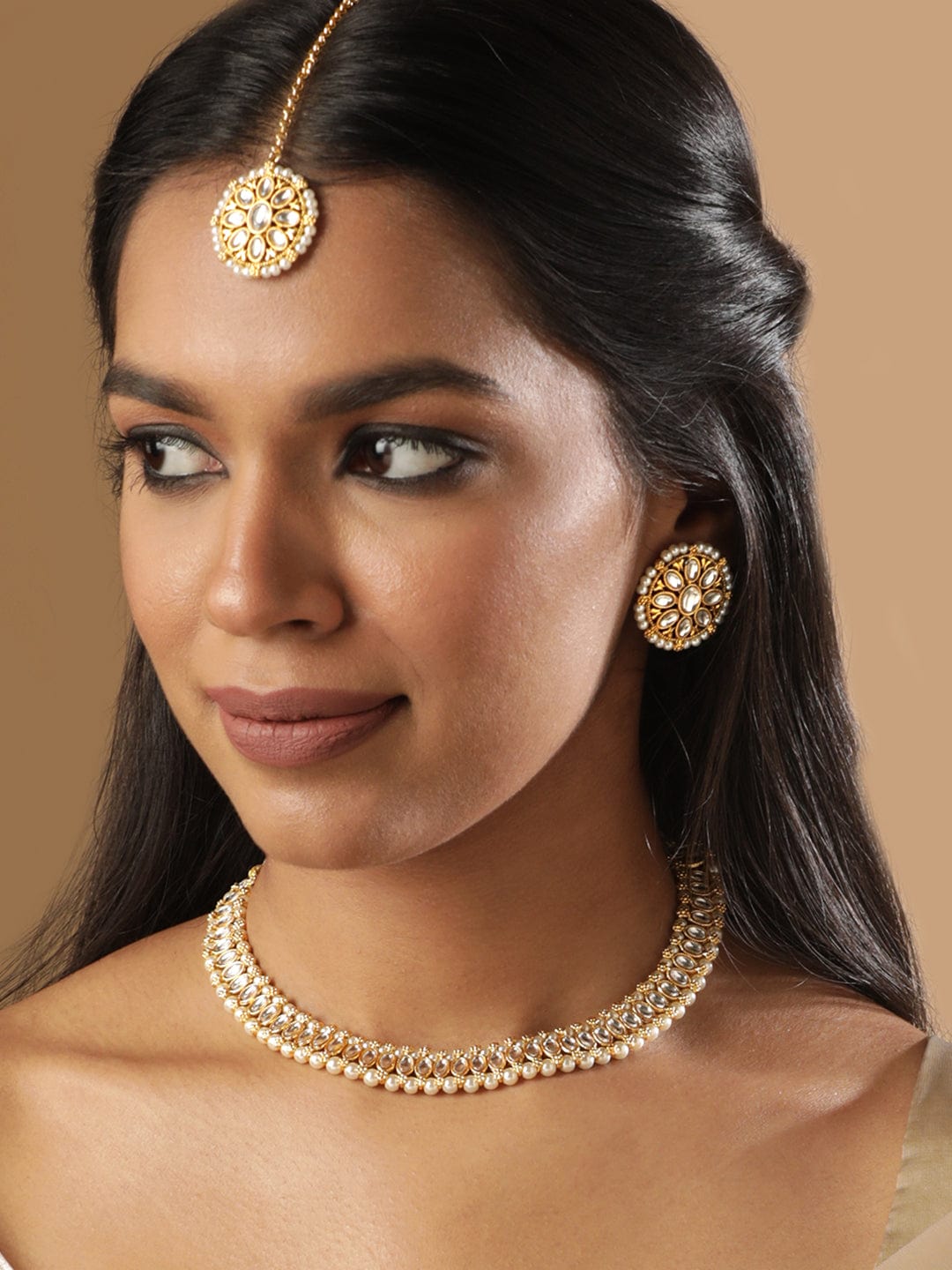 Gold toned Kundan Studded Pearl beaded choker Set Earrings