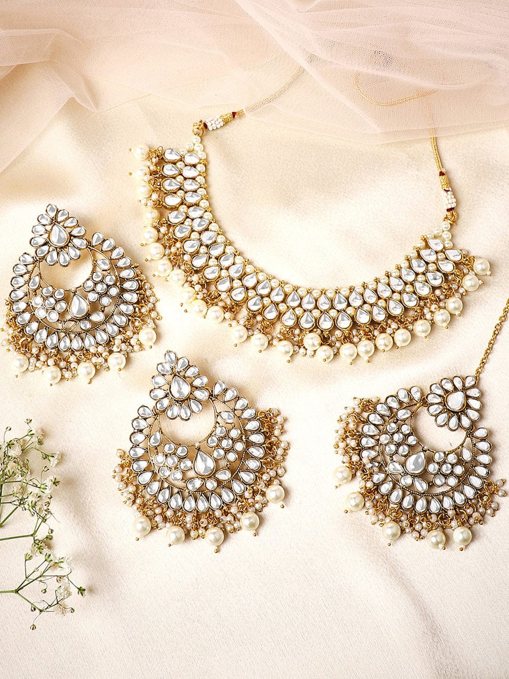 Kamiya Jani in Rubans Gold Plated Handcrafted Traditional Kundan And Pearls Necklace Set With Maang Tikka Necklace Set
