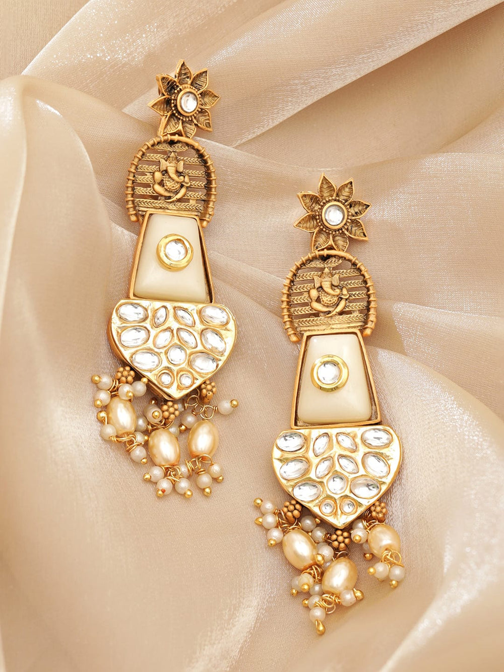 Lord Ganesh Chandelier Earrings with White Stones and Beads Hanging Earrings