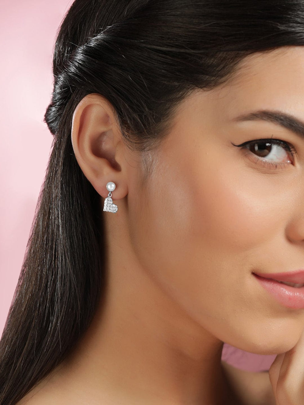Luminary Pearl and Glistening Heart Cascade Silver Earrings Earrings