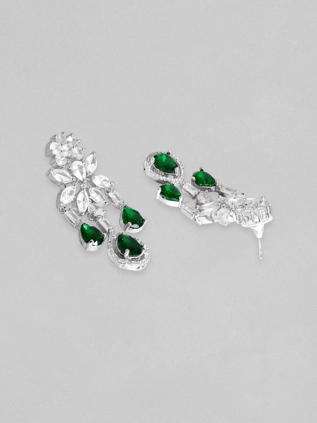 Rhodium Plated Emerlad Green Oval Zirconia Tassel Drop Silver Necklace Set. Jewellery Sets