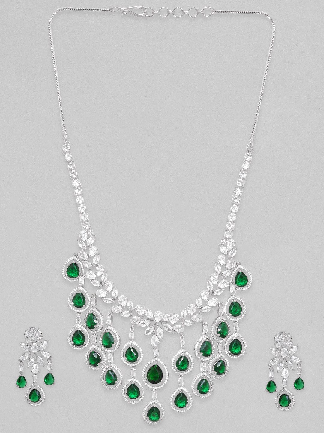 Rhodium Plated Emerlad Green Oval Zirconia Tassel Drop Silver Necklace Set. Jewellery Sets