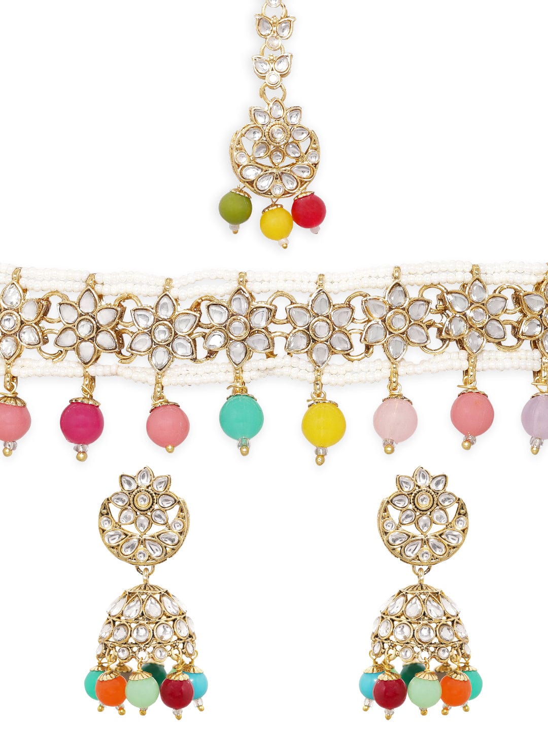 Ruabsn 24K Gold Plated Kundan Studded Multicolour Beaded Choker Jewellery Set Jewellery Sets