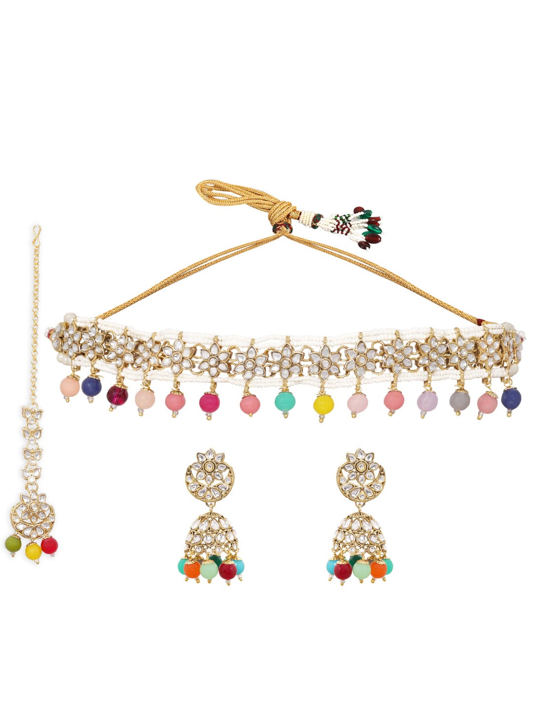 Ruabsn 24K Gold Plated Kundan Studded Multicolour Beaded Choker Jewellery Set Jewellery Sets