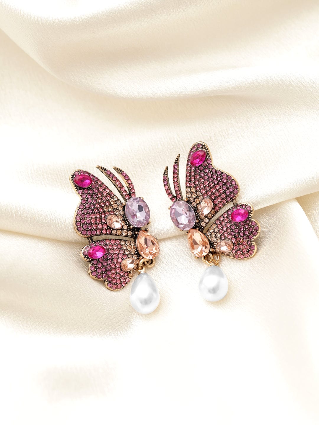 Rubans 18K Gold plated Multicolour Pave Zirconia Pearl Bangle Butterfly Stud Earring Earrings
