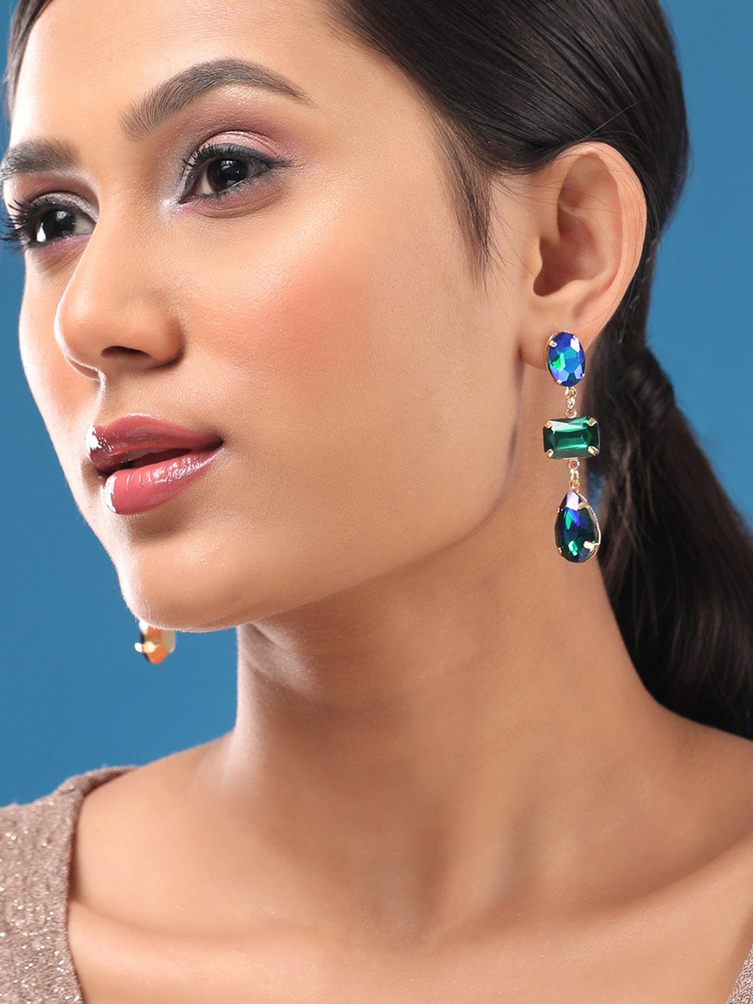 Rubans 18K Gold Toned, Blue Zircons Studded Dangle Earrings Earrings
