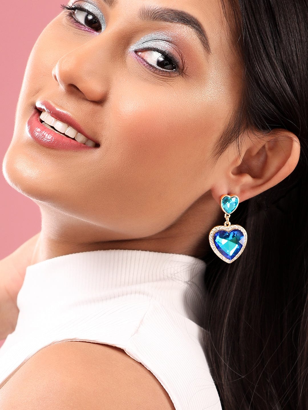 Rubans 18K Gold Toned Blue Zircons Studded Heart Shaped Drop Earring Earrings