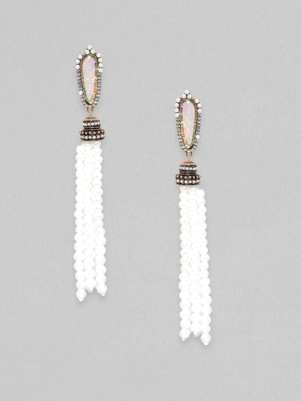Rubans 18K Gold Toned Opal Studded White Pearl Beaded Fringe Dangle Earring Earrings