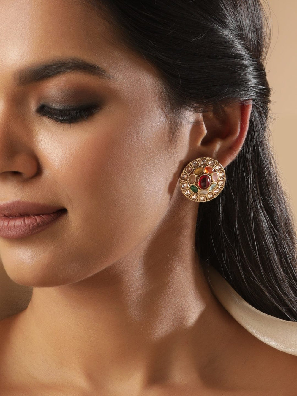 Rubans 18K Mehndi Gold plated Multicolor Reverse AD Stud Earring Earrings
