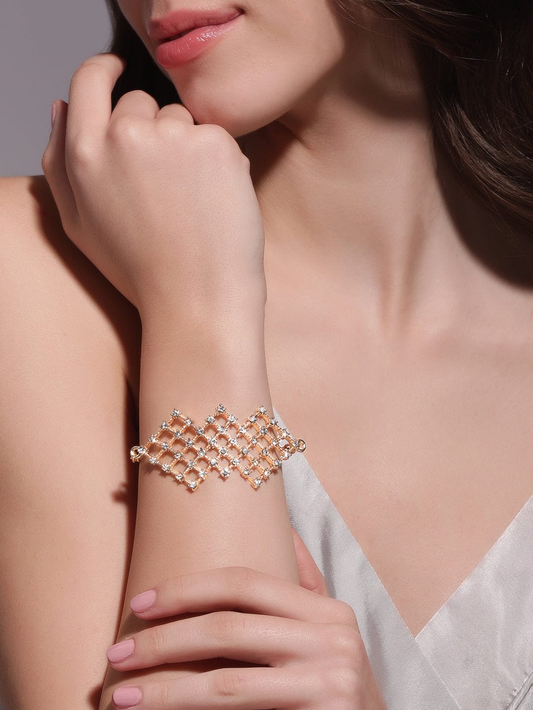 Rubans 18K Rose gold plated zirconia studded contemprory bracelet Bangles & Bracelets