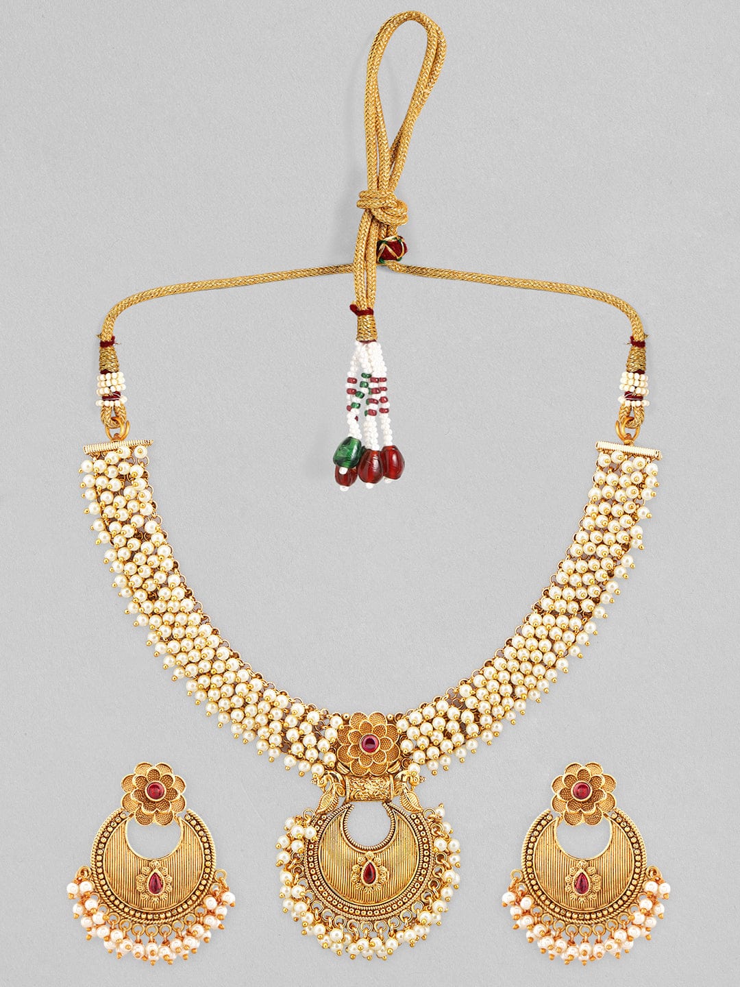 Rubans 20K Gold Plated Necklace Set With Floral Design, Pink Stone And Pearls. Necklace Set